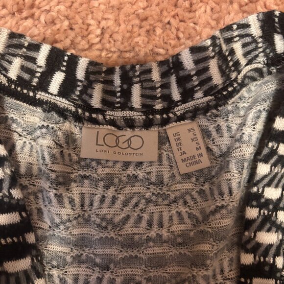LOGO Lori Goldstein XS Black White Cardigan w/ Pockets Long Sleeve Side Slits - Picture 3 of 8